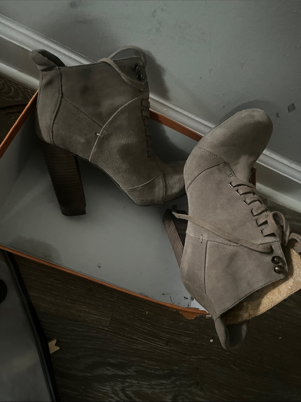 Nine West Taupe Suede Lace-Up High Heel Ankle Boots